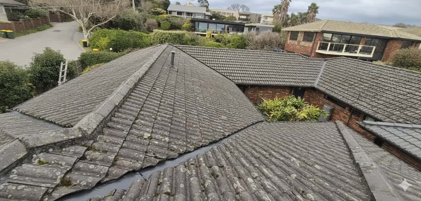 Frankston roof before restoration - faded, lichen-covered tiles showing coastal wear