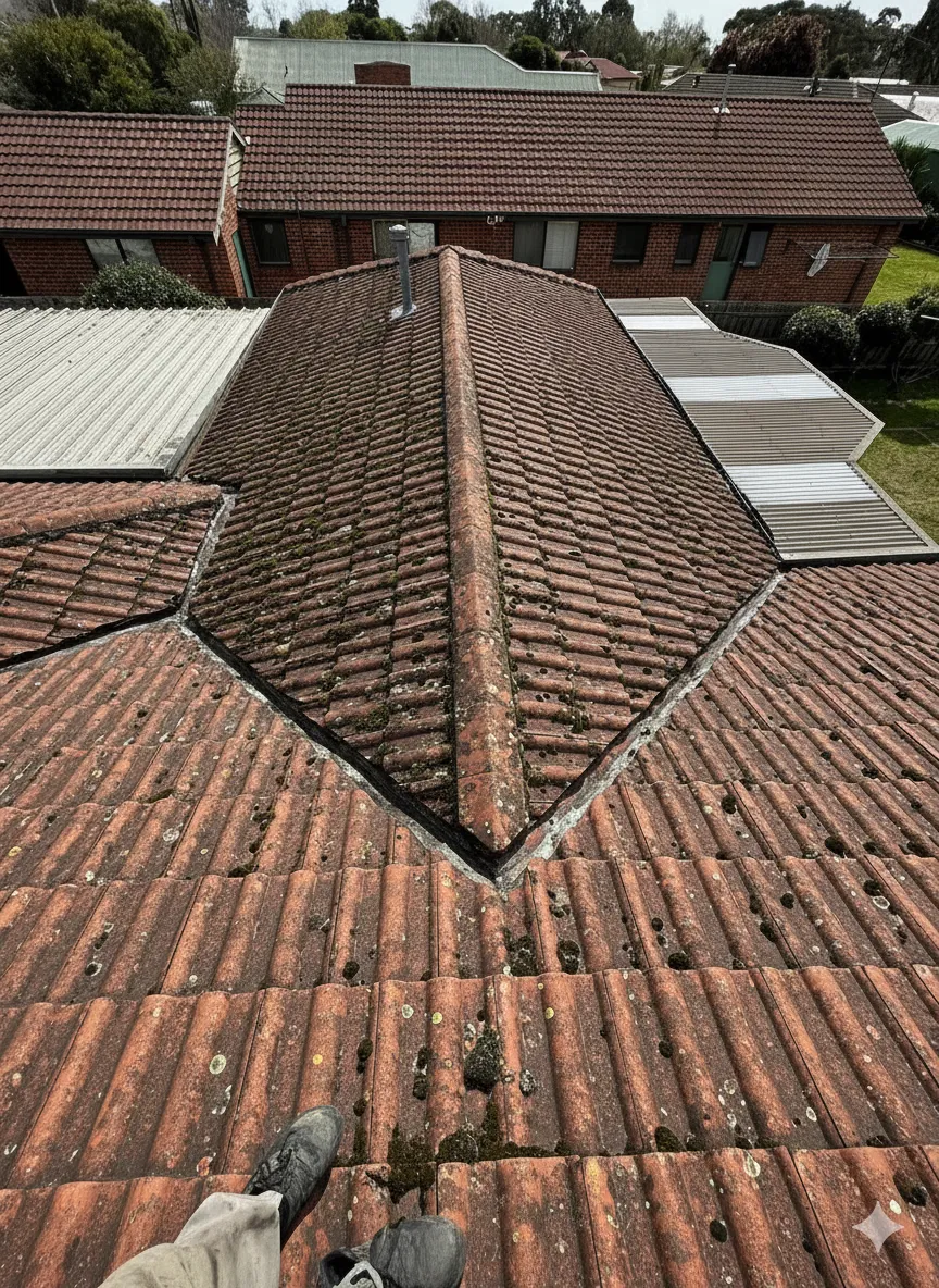 Roof before repairs - storm damage and broken tiles